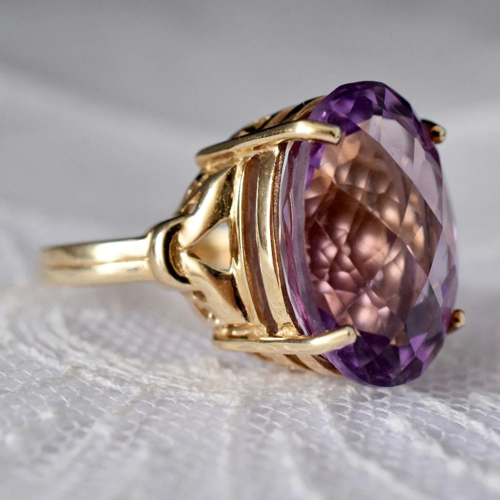 Natürliche, oval geschnittene Schachbrett-Amethyst-Cocktailringe – Ringe aus 14-karätigem Gold-Vermeil