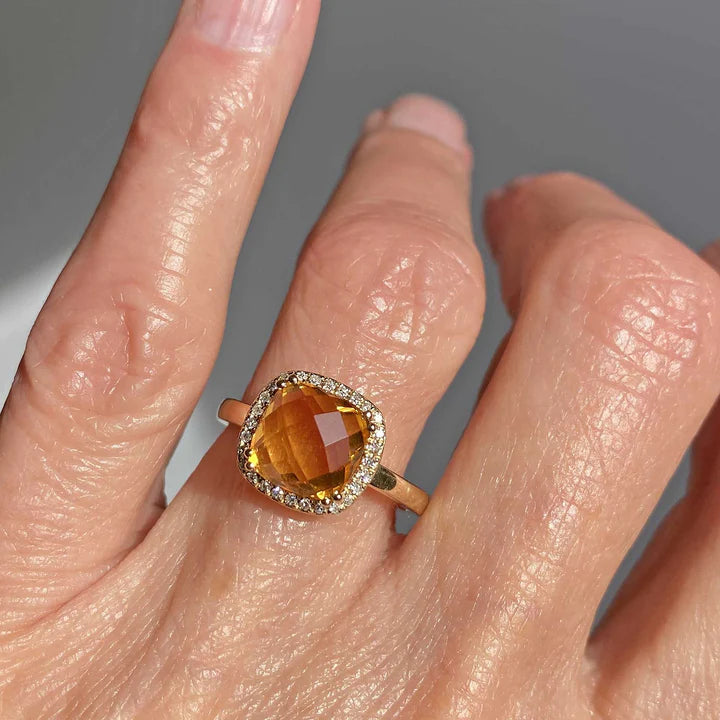 Natural Cushion Cut Citrine 14k Gold Vermeil Halo Engagement Rings