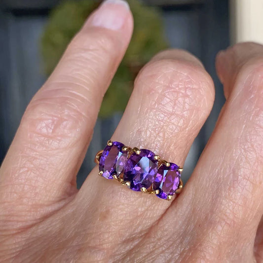 Natural Oval Cut Amethyst Three Stone Vintage Ring