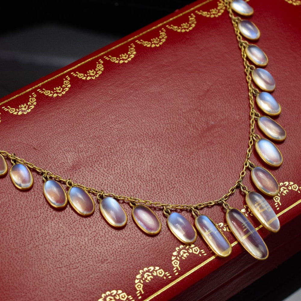 Antique Rainbow Moonstone Fringe Necklace For Women -  14k Gold Vermeil Vintage Necklaces