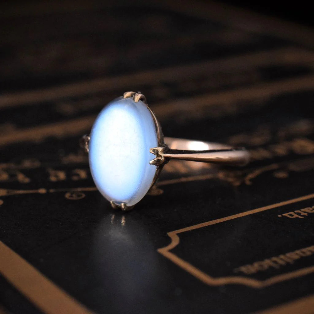 Natural Oval Cut Rainbow Moonstone Solitaire Edwardian Vintage Ring - 14k Rose Gold Vermeil Rings