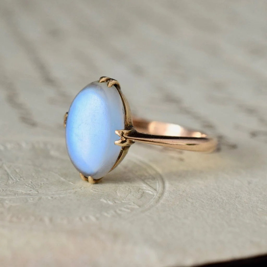 Natural Oval Cut Rainbow Moonstone Solitaire Edwardian Vintage Ring - 14k Rose Gold Vermeil Rings