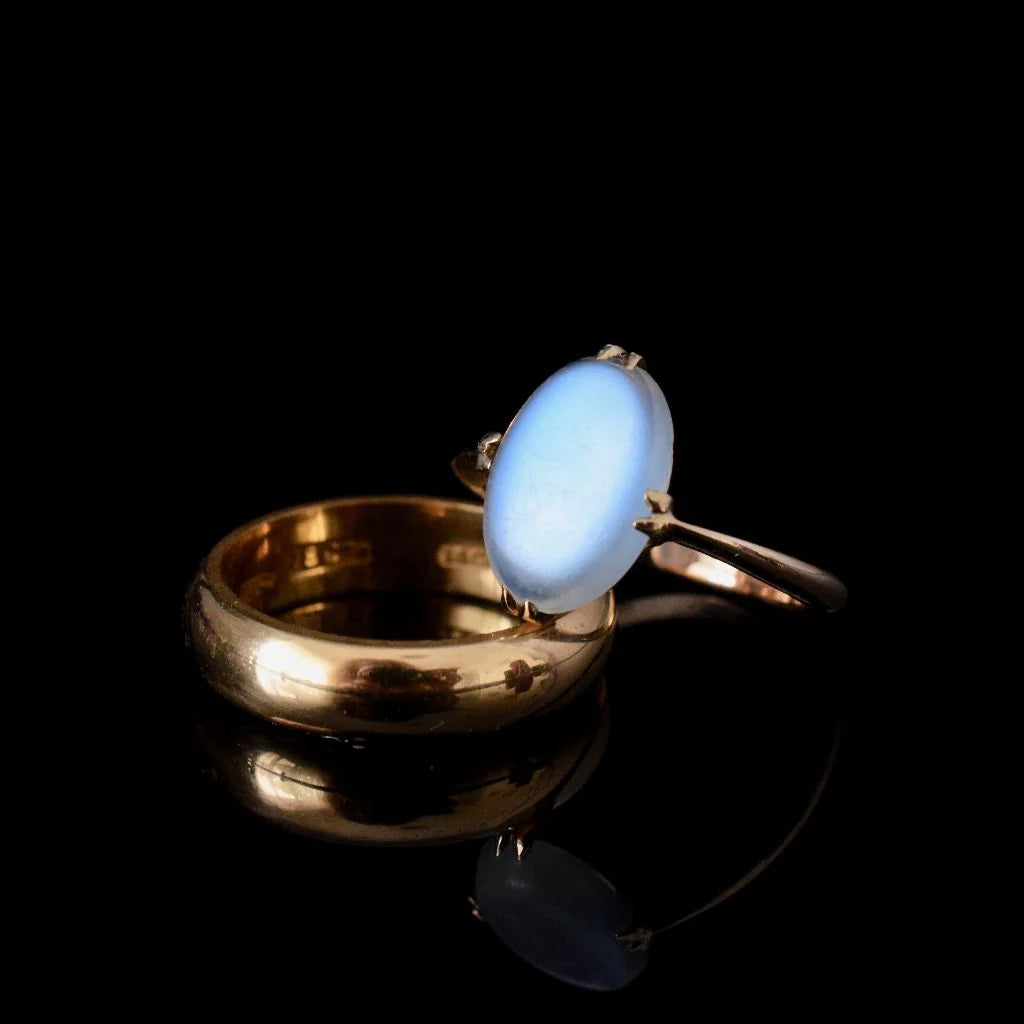 Natürlicher, oval geschliffener Regenbogen-Mondstein-Edwardian-Ring – Ringe aus 14-karätigem Roségold-Vermeil