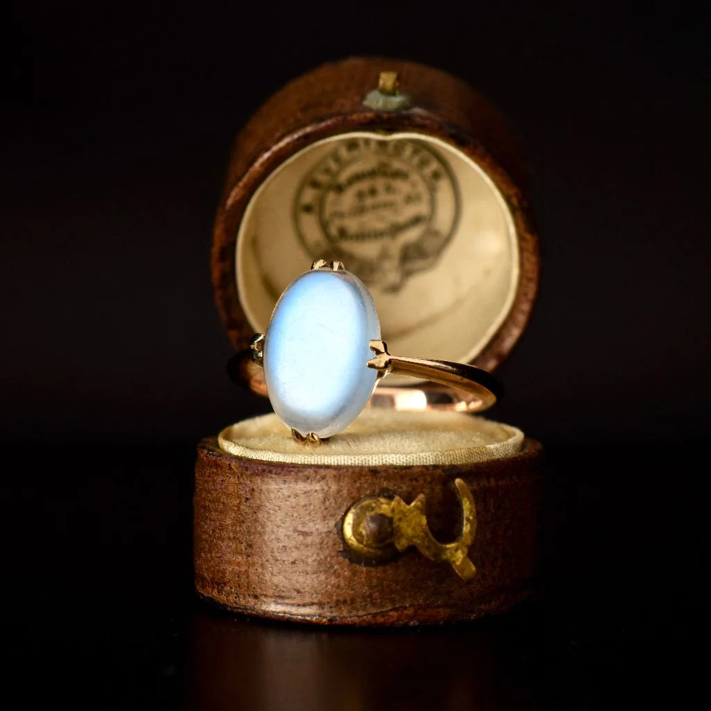 Natural Oval Cut Rainbow Moonstone Solitaire Edwardian Vintage Ring - 14k Rose Gold Vermeil Rings