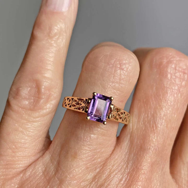 Natural Emerald Cut Amethyst Filigree Vintage Engagement  Rings