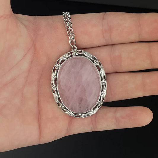 Art Nouveau Large Oval Cut Rose Quartz Sterling Silver Pendant