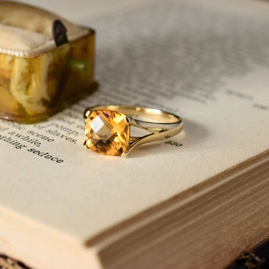Natural Cushion Cut Citrine Solitaire Vintage Rings For Women - 14k Gold Vermeil Rings