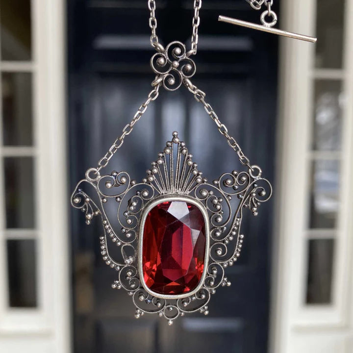 Antique Large Cushion Cut Ruby Filigree Necklace