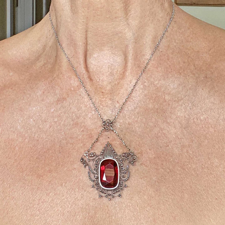 Antique Large Cushion Cut Ruby Filigree Necklace