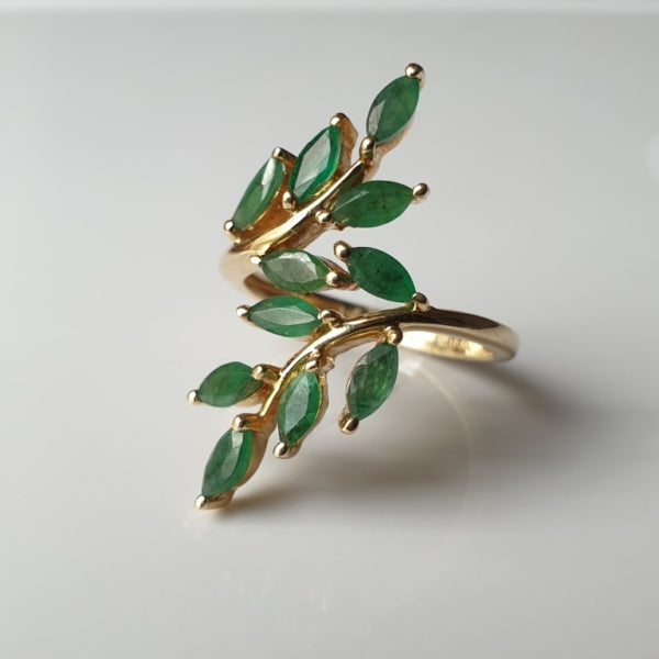 Natural Green Onyx Olive Branch Wrap Ring - 14k Gold Vermeil RIng