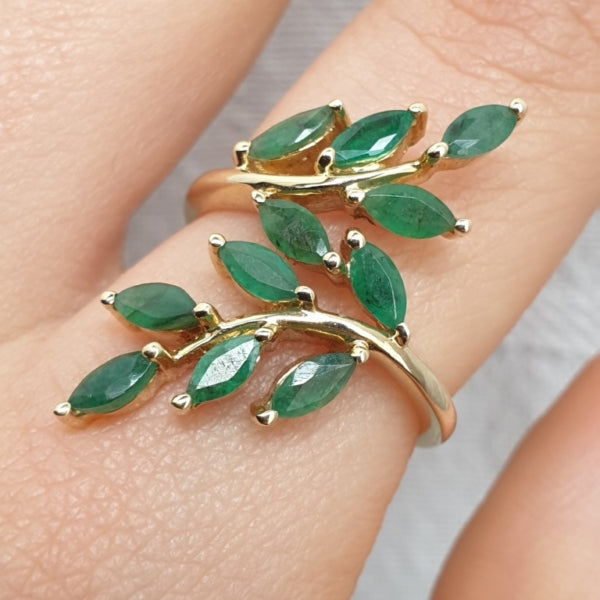 Natural Green Onyx Olive Branch Wrap Ring - 14k Gold Vermeil RIng