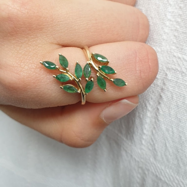 Natural Green Onyx Olive Branch Wrap Ring - 14k Gold Vermeil RIng