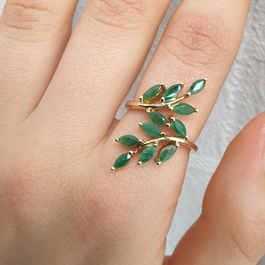 Natural Green Onyx Olive Branch Wrap Ring - 14k Gold Vermeil RIng