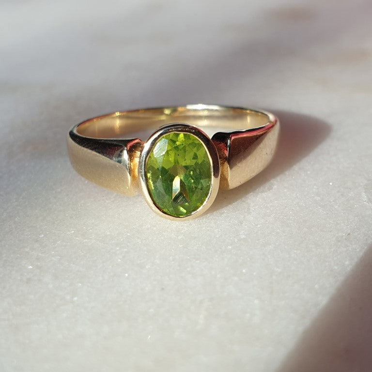 Natural Oval Cut Peridot Bezel Set Solitaire Ring - 14k Gold Vermeil Rings