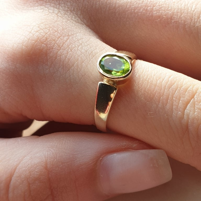 Natural Oval Cut Peridot Bezel Set Solitaire Ring - 14k Gold Vermeil Rings