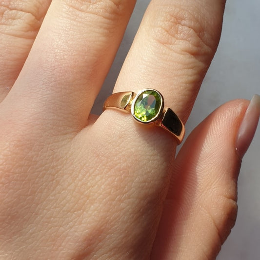 Natural Oval Cut Peridot Bezel Set Solitaire Ring - 14k Gold Vermeil Rings