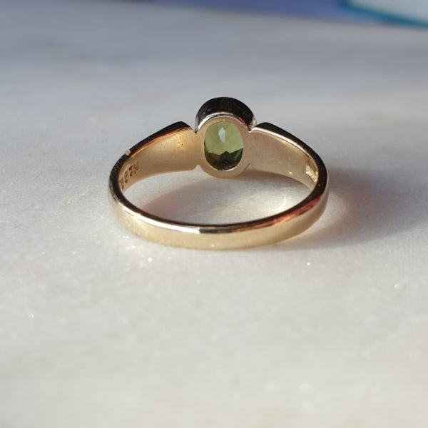 Natural Oval Cut Peridot Bezel Set Solitaire Ring - 14k Gold Vermeil Rings