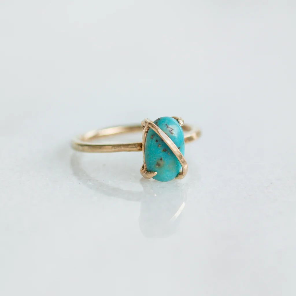 Natural Oval Cut Turquoise Wire Wrap Solitaire Rings  - 14k Gold Vermeil Rings