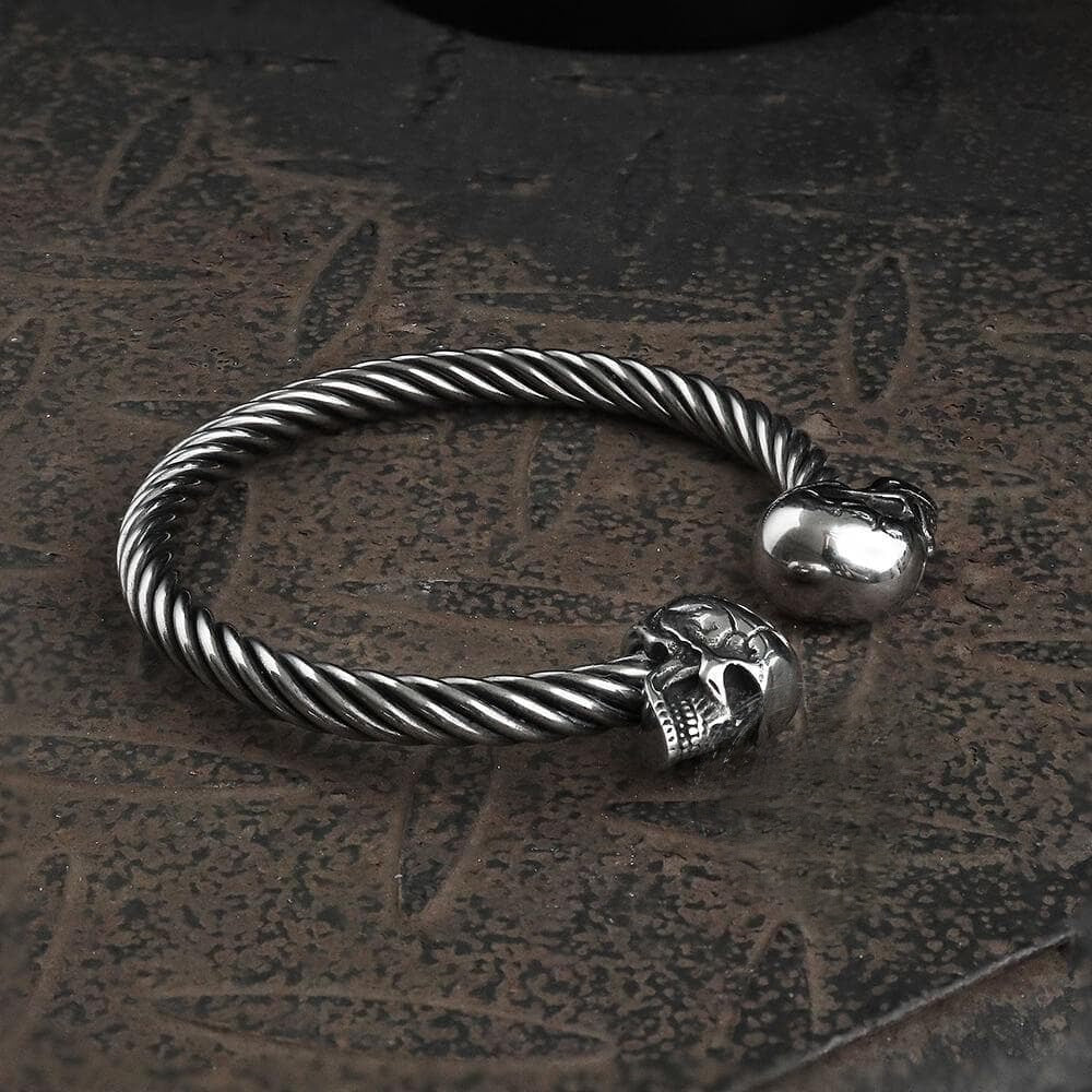 Skull Open Cuff  Gothic Style Adjustable Bracelet For Men - 925 Sterling Silver Vintage Bracelet