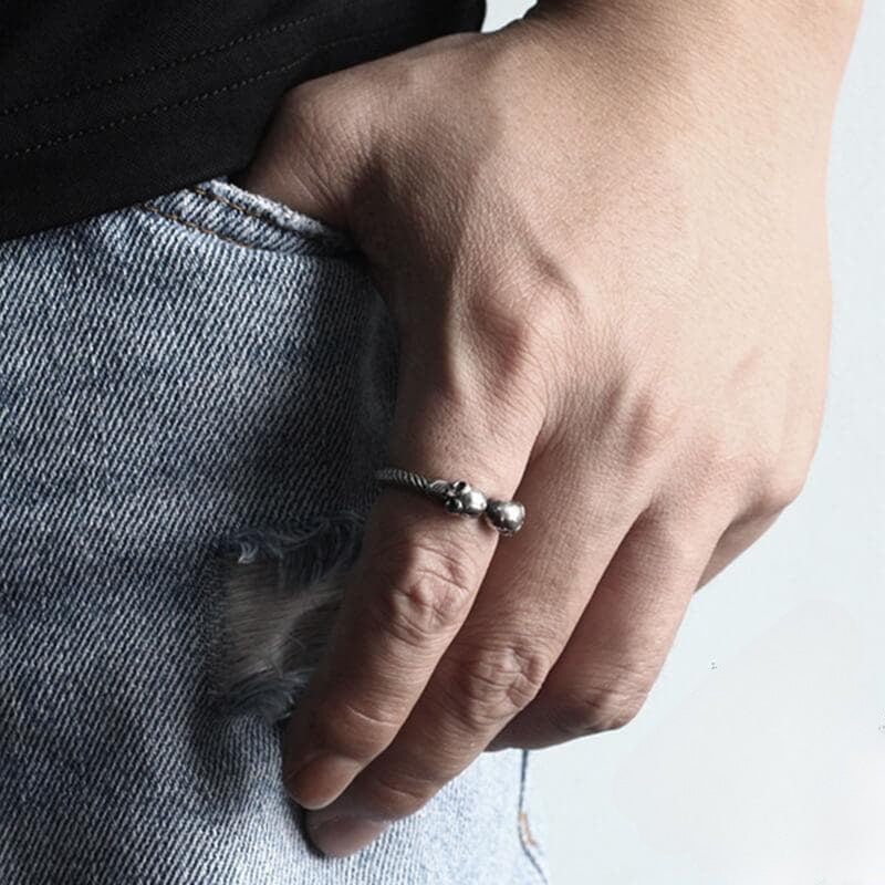 Bague en argent sterling avec crâne souriant - Bague gothique d’Halloween - Anneaux de corde réglables 