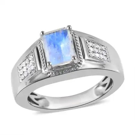 Natural Emerald Cut Rainbow Moonstone Signet Unisex Statement Rings - 925 Sterling Silver Rings