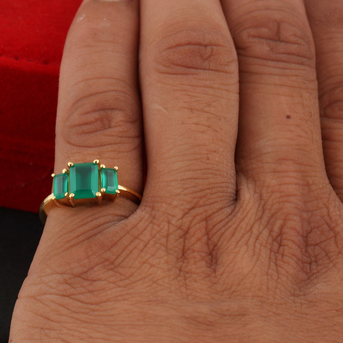 Bague de déclaration en onyx vert naturel à trois pierres - Anneaux en vermeil en or 14 carats