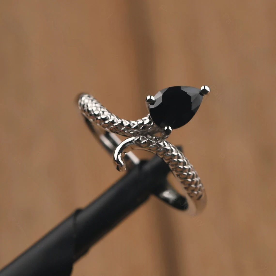 Natural Teardrop Cut Black Onyx Snake Vintage Sterling SIlver Rings