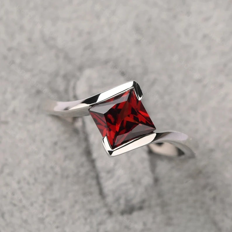 Natural Square Cut Garnet Solitaire Ring  - 925 Sterling Silver Bypass Ring