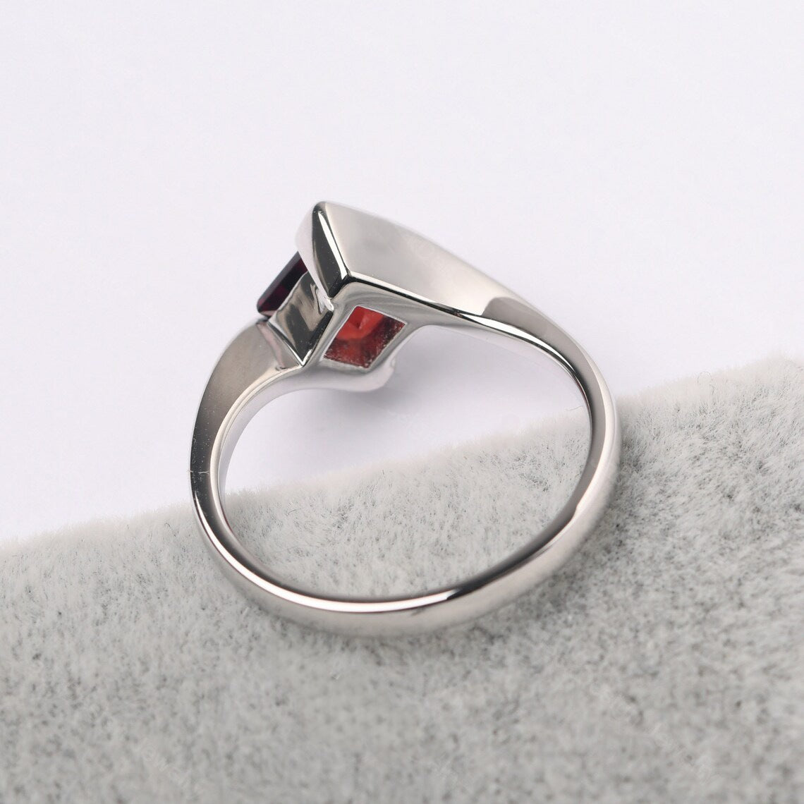 Natural Square Cut Garnet Solitaire Ring  - 925 Sterling Silver Bypass Ring