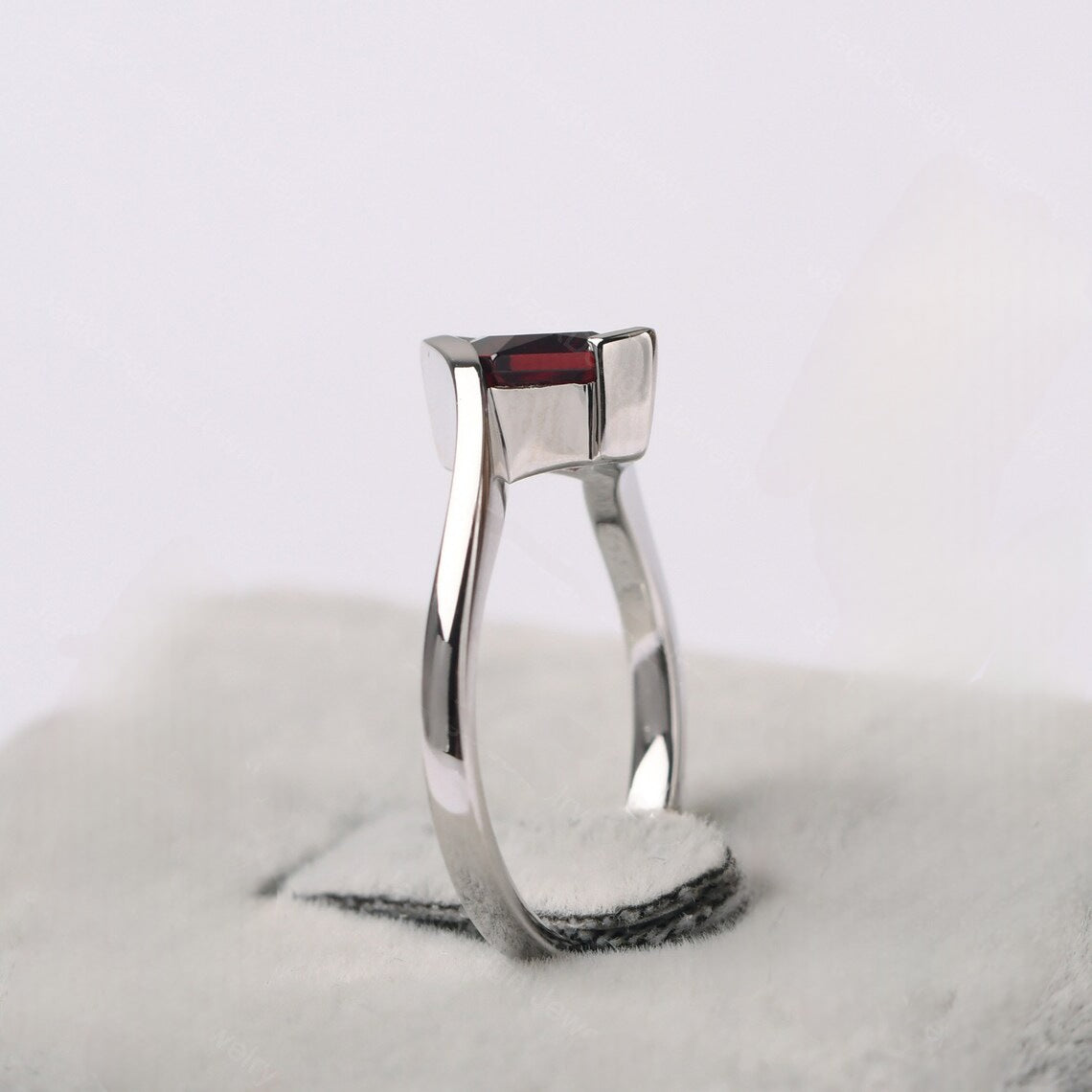 Natural Square Cut Garnet Solitaire Ring  - 925 Sterling Silver Bypass Ring