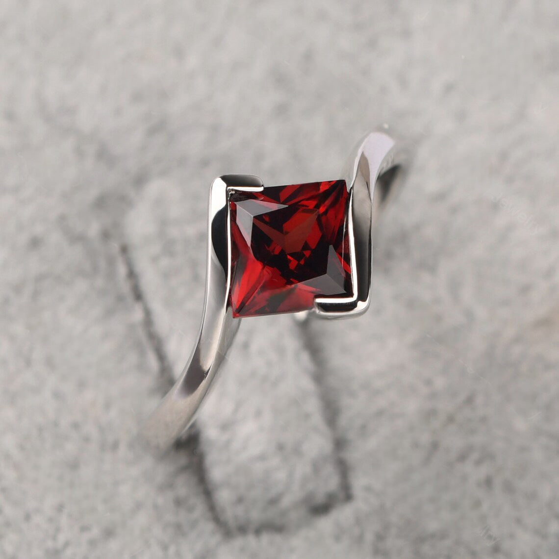 Natural Square Cut Garnet Solitaire Ring  - 925 Sterling Silver Bypass Ring