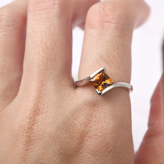 Natural Square Cut Citrine Solitaire Ring - 925 Sterling Silver Ring