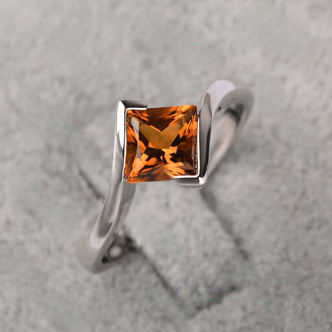 Natural Square Cut Citrine Solitaire Ring - 925 Sterling Silver Ring