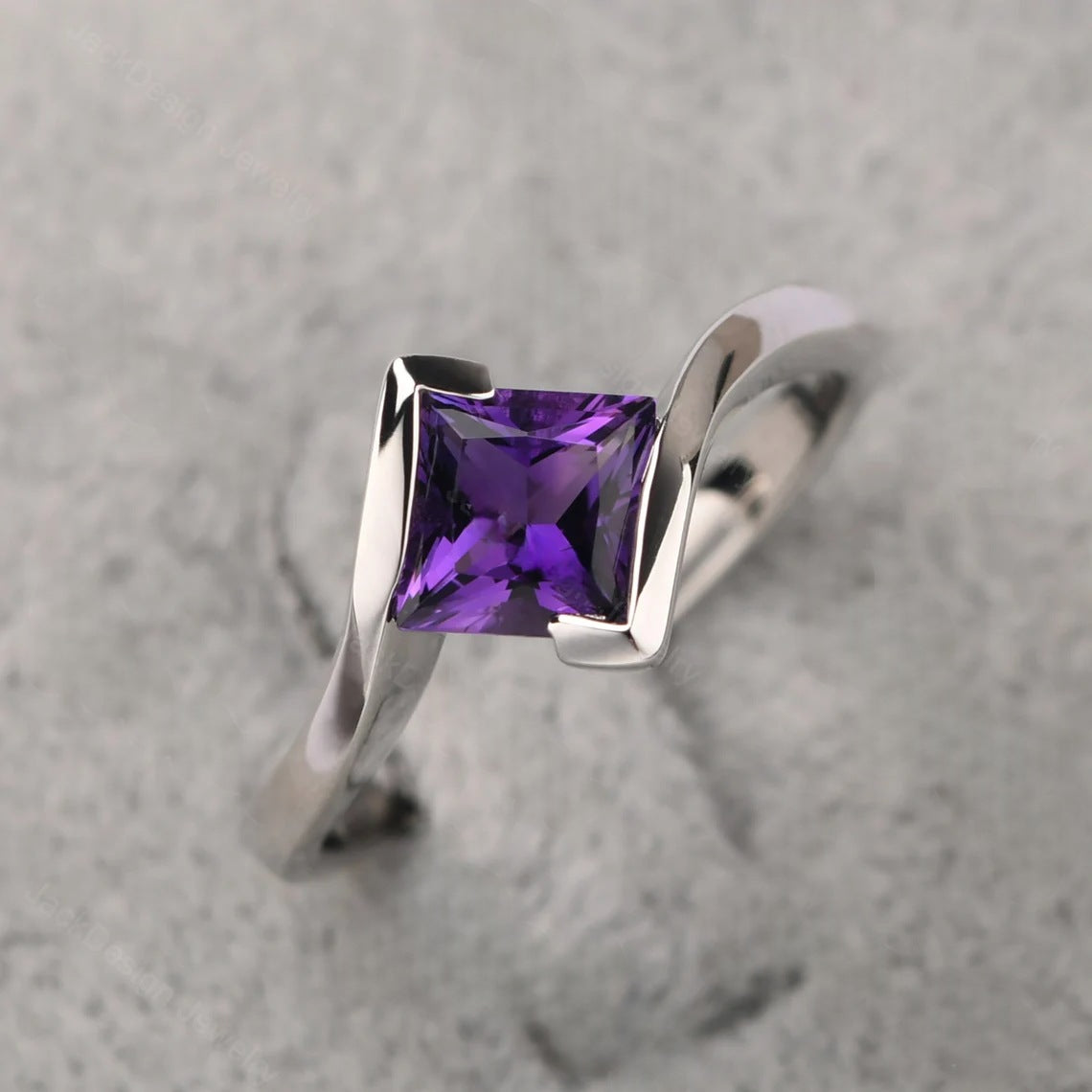 Natural Square Cut Amethyst Solitaire Ring - 925 Sterling Silver Ring