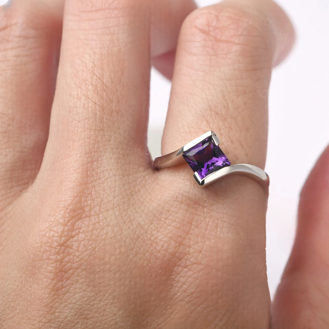 Natural Square Cut Amethyst Solitaire Ring - 925 Sterling Silver Ring