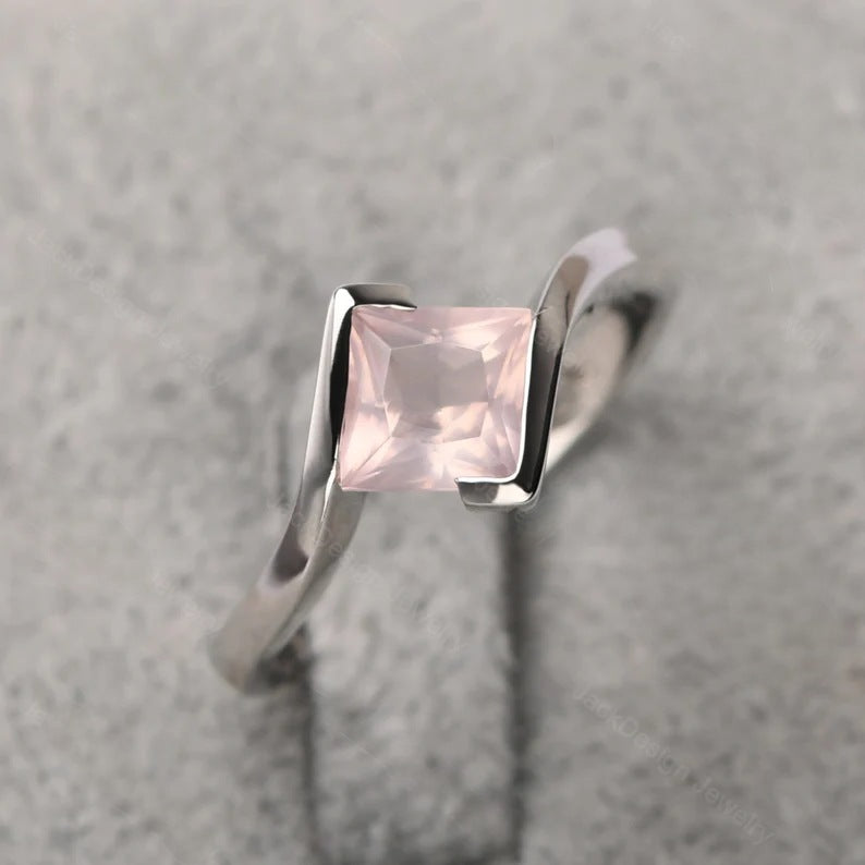 Bague halo de mariage en quartz rose taille carrée naturelle - Bague en argent sterling 925