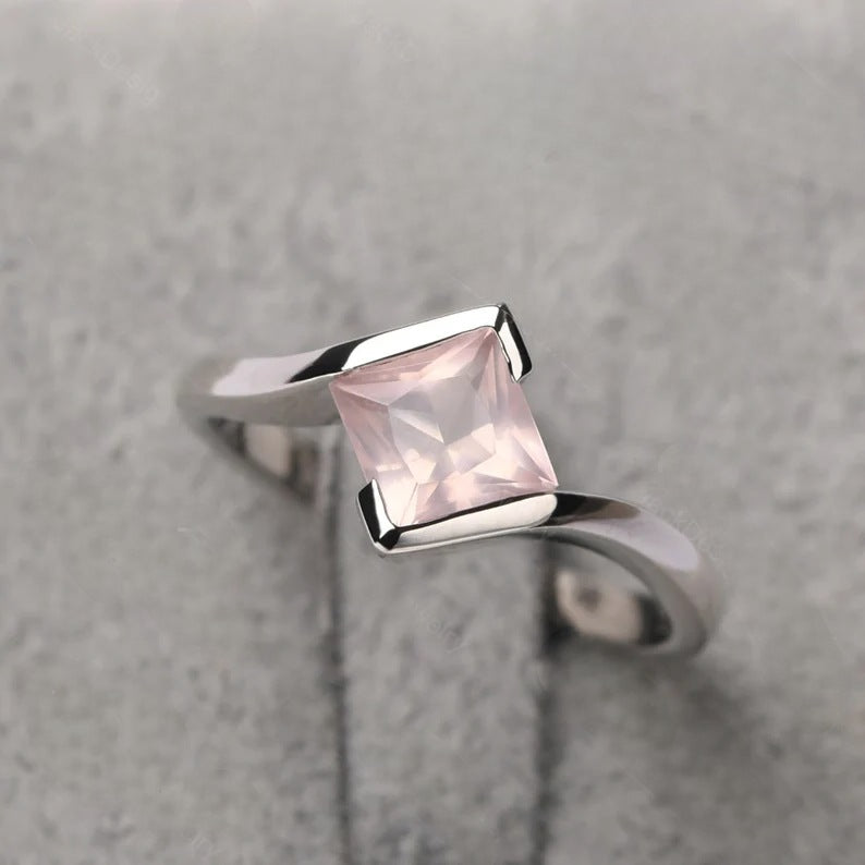 Bague halo de mariage en quartz rose taille carrée naturelle - Bague en argent sterling 925