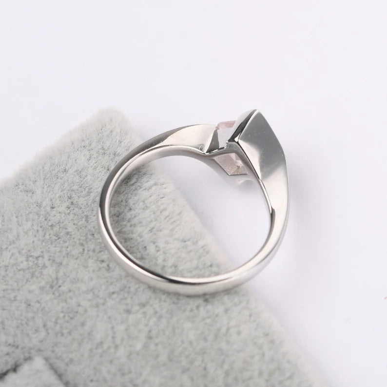 Bague halo de mariage en quartz rose taille carrée naturelle - Bague en argent sterling 925