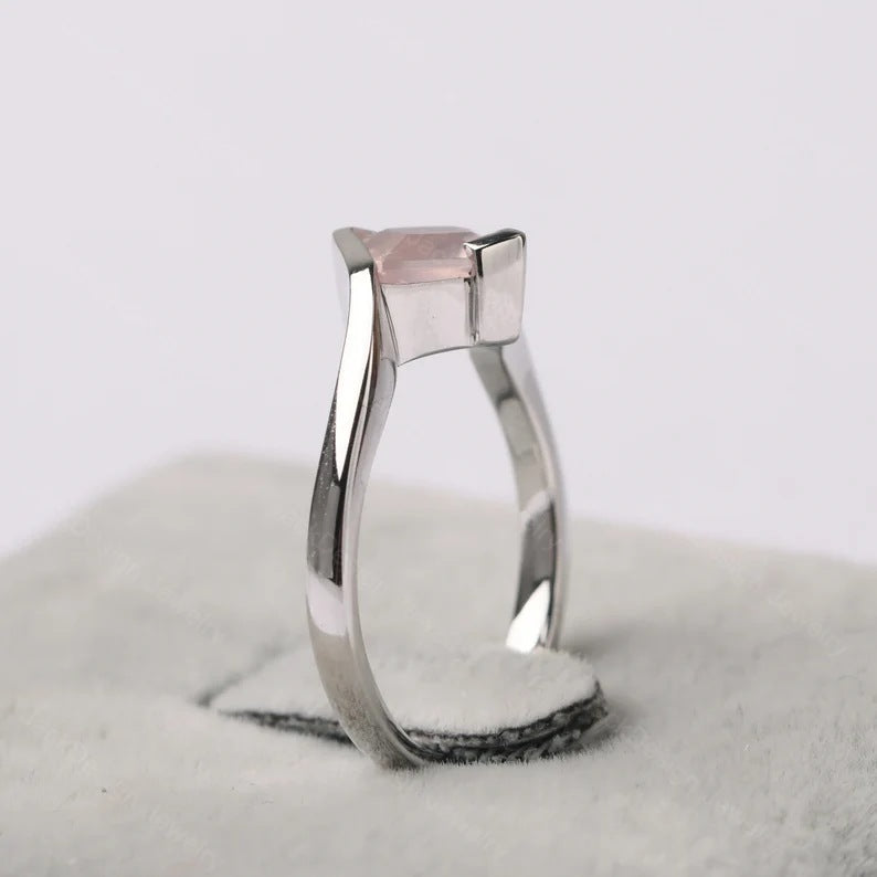 Bague halo de mariage en quartz rose taille carrée naturelle - Bague en argent sterling 925