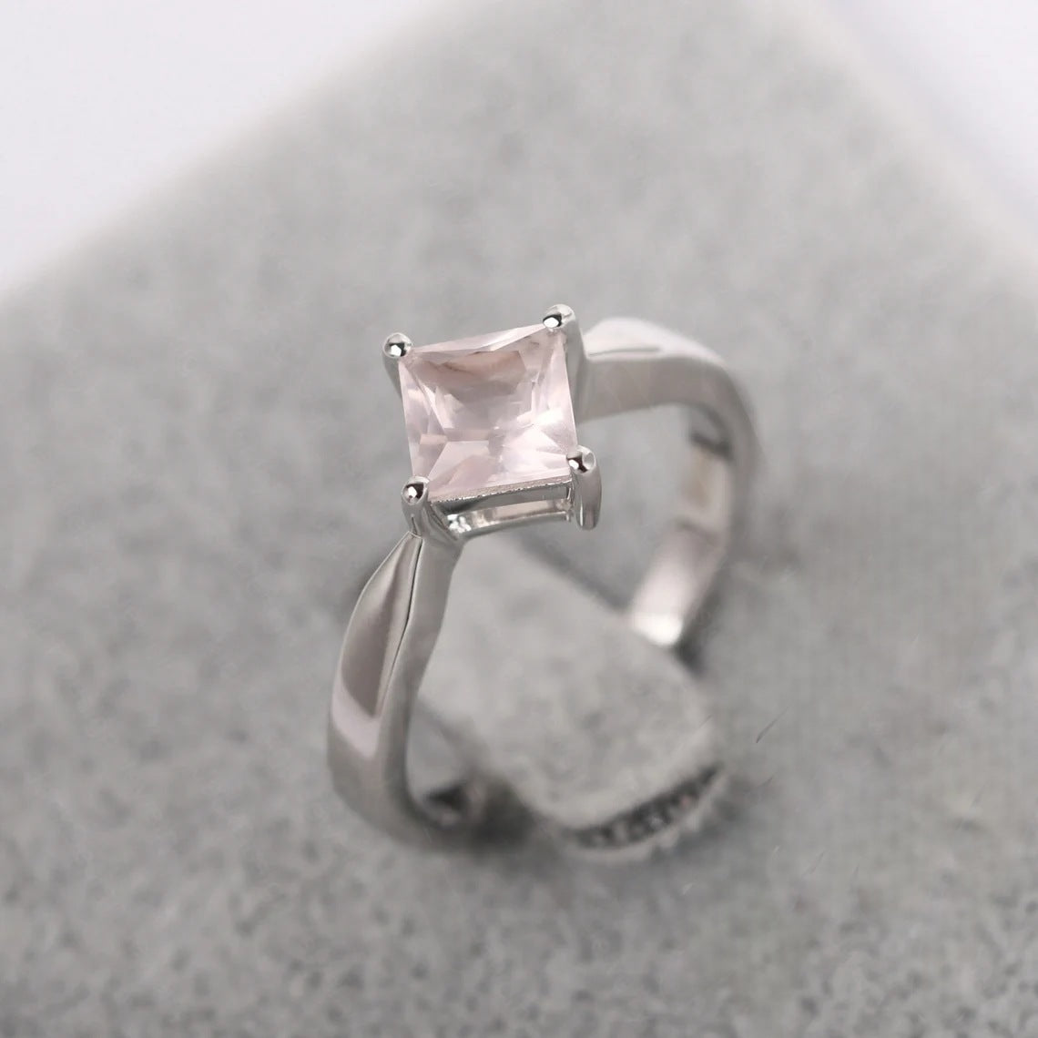 Natural Square Cut Rose Quartz Promise Ring - 925 Sterling Silver Ring