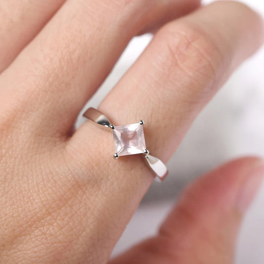 Bague de promesse en quartz rose taille carrée naturelle - Bague en argent sterling 925