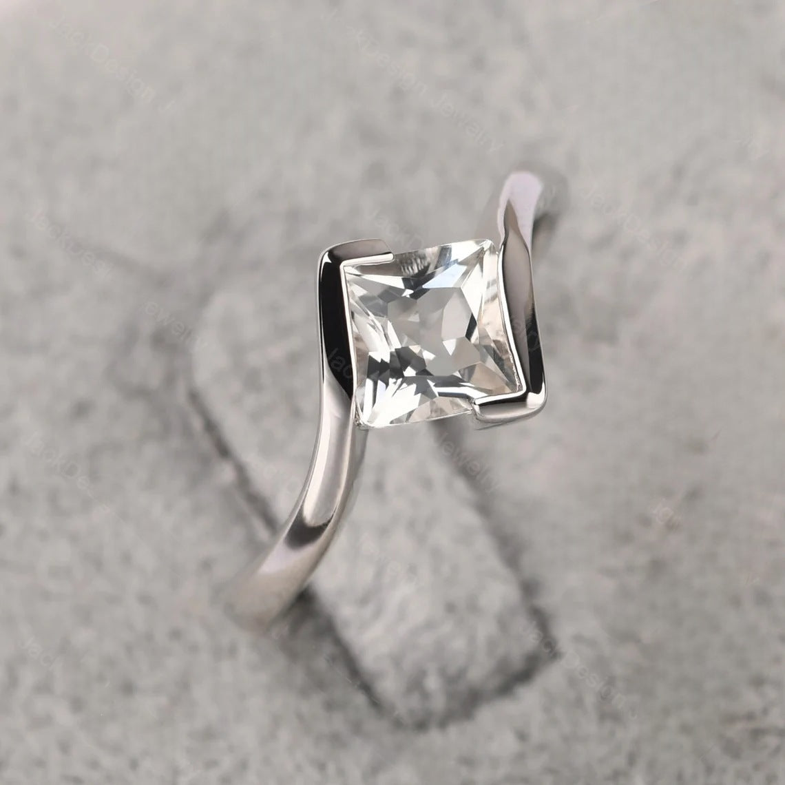 Natural Square Cut White Topaz Promise Ring - 925 Sterling Silver Ring