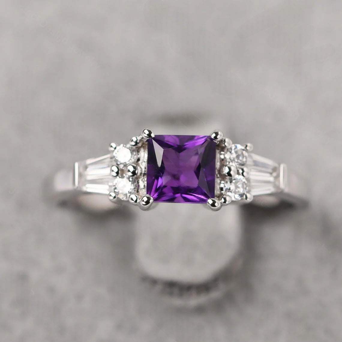 Natural Square Cut Amethyst Solitaire Ring - 925 Sterling Silver Ring