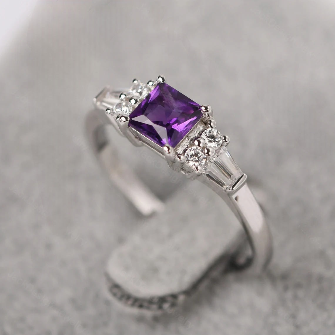 Natural Square Cut Amethyst Solitaire Ring - 925 Sterling Silver Ring