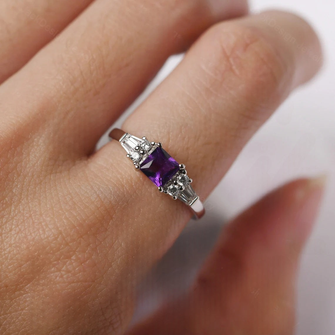 Natural Square Cut Amethyst Solitaire Ring - 925 Sterling Silver Ring