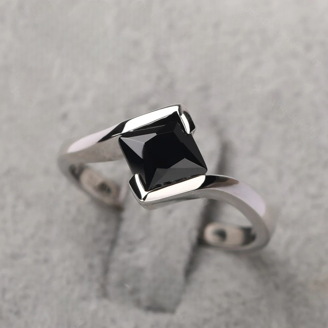 Natural Square Cut Black Onyx Wedding Ring - 925 Sterling Silver Ring