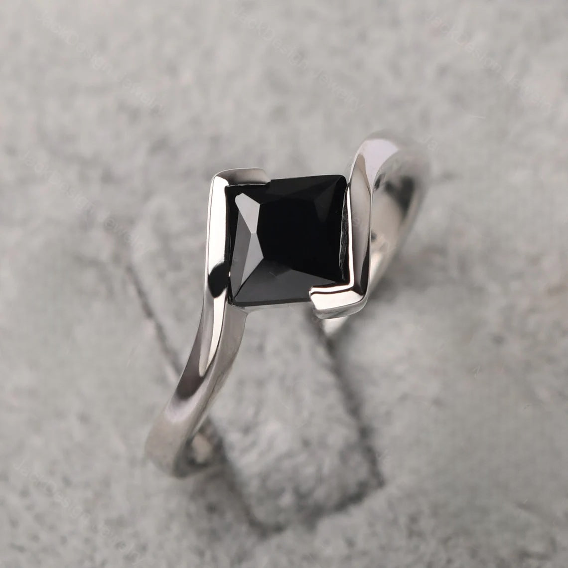 Natural Square Cut Black Onyx Wedding Ring - 925 Sterling Silver Ring