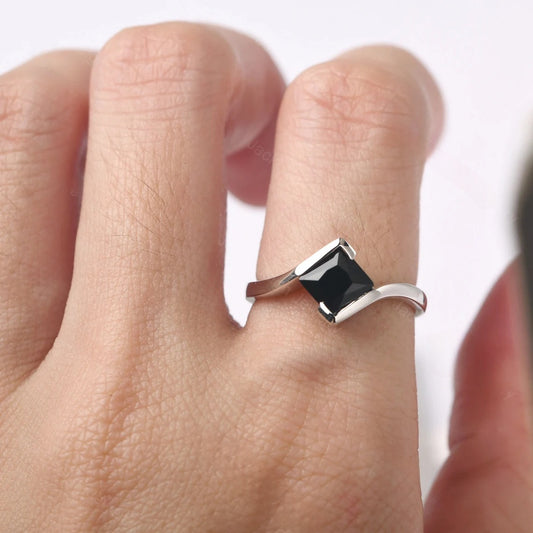 Natural Square Cut Black Onyx Wedding Ring - 925 Sterling Silver Ring