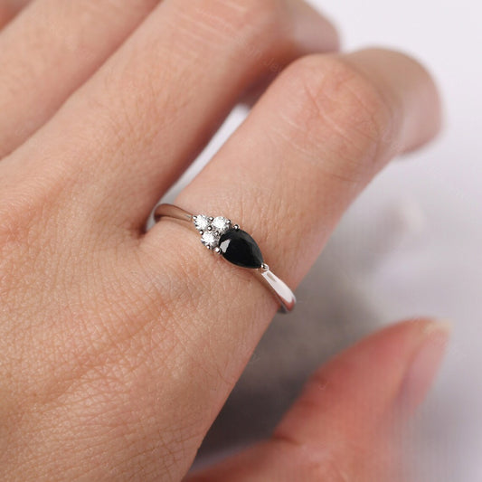 Natural Pear Cut Black Onyx Promise Ring - 925 Sterling Silver Ring