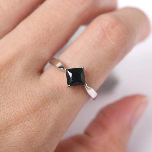 Natural Square Cut Black Onyx Promise Ring - 925 Sterling Silver Ring